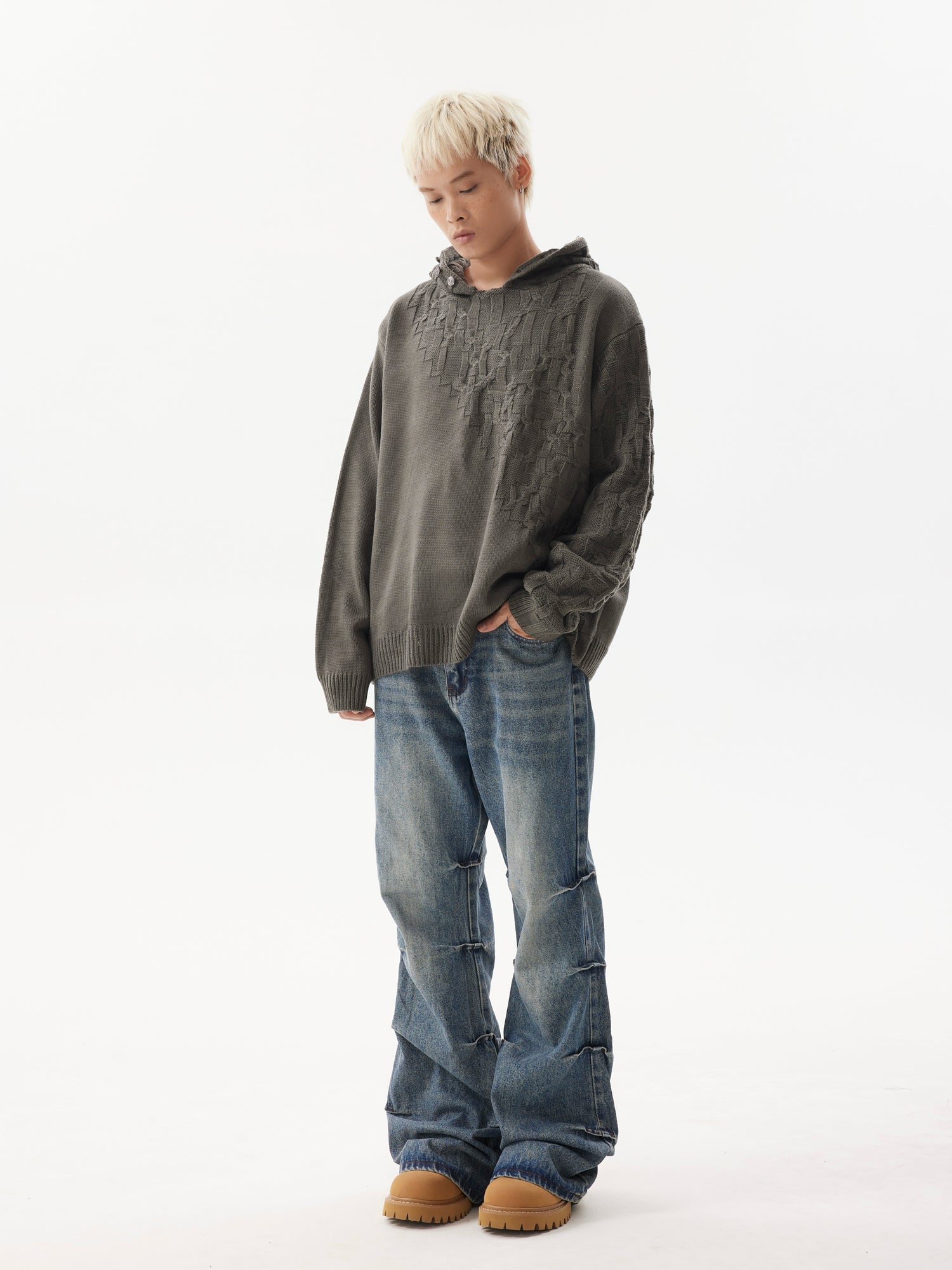 BTSG pleated wash blue bootcut jeans