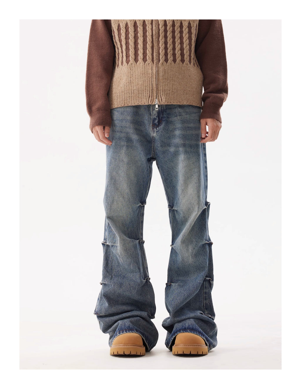 BTSG pleated wash blue bootcut jeans