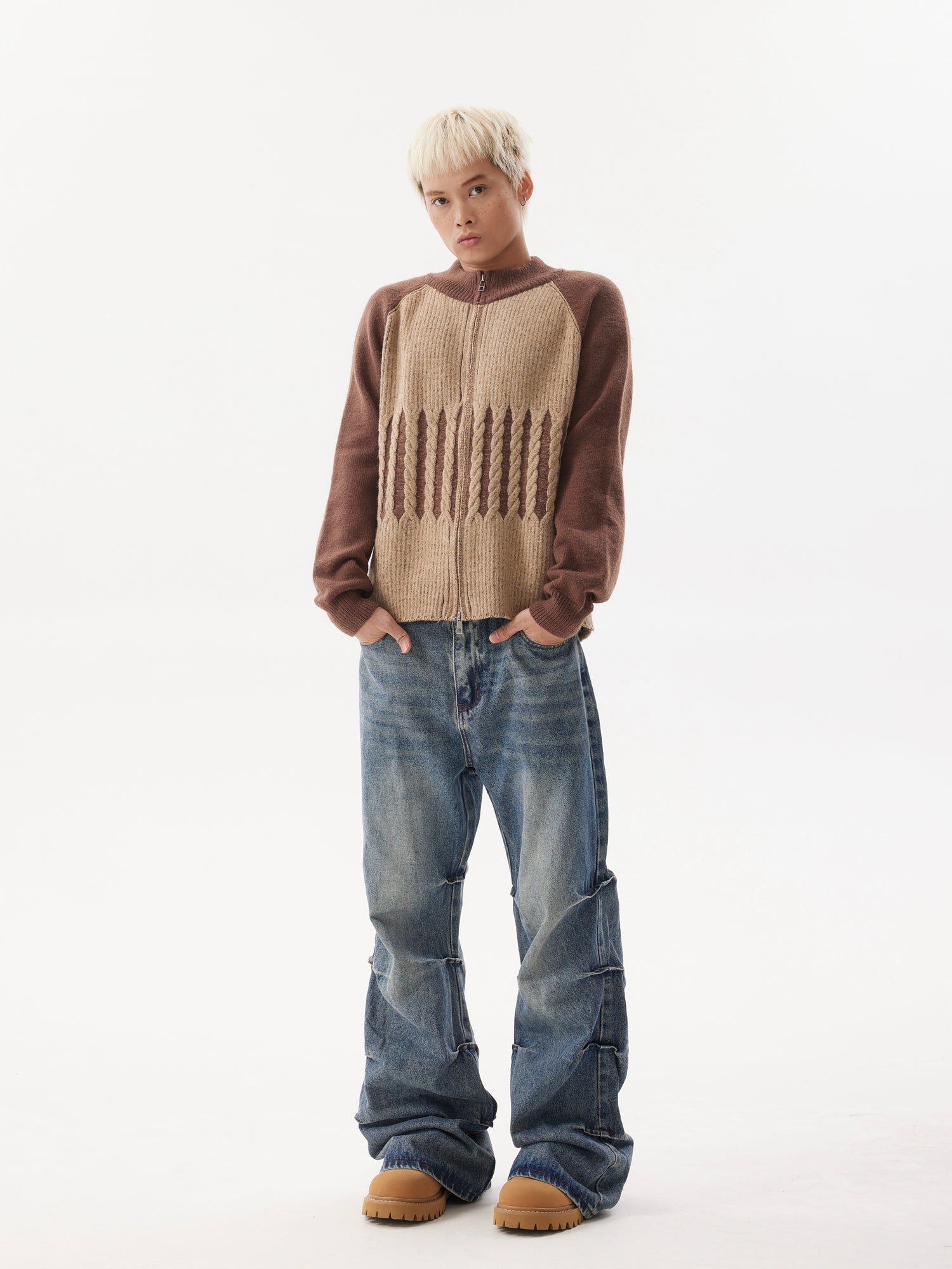 BTSG pleated wash blue bootcut jeans