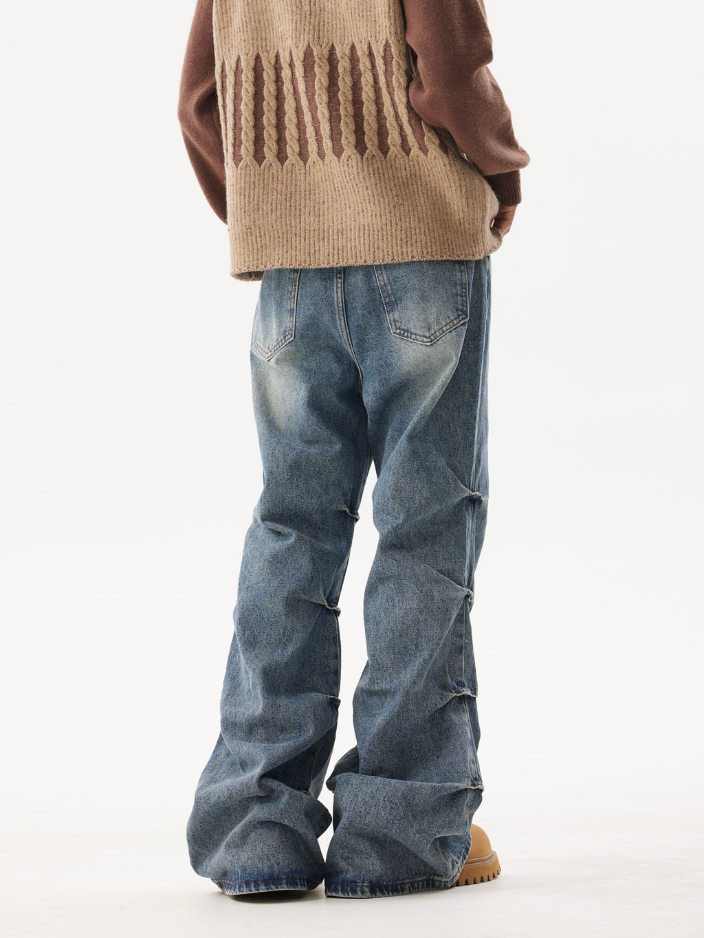 BTSG pleated wash blue bootcut jeans