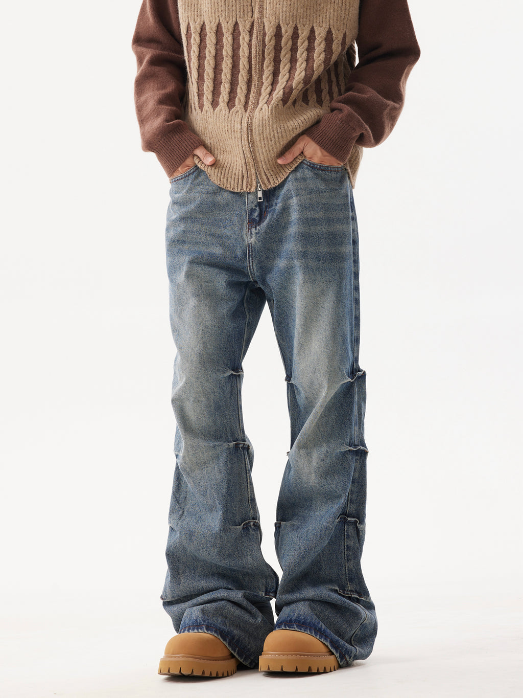 BTSG pleated wash blue bootcut jeans