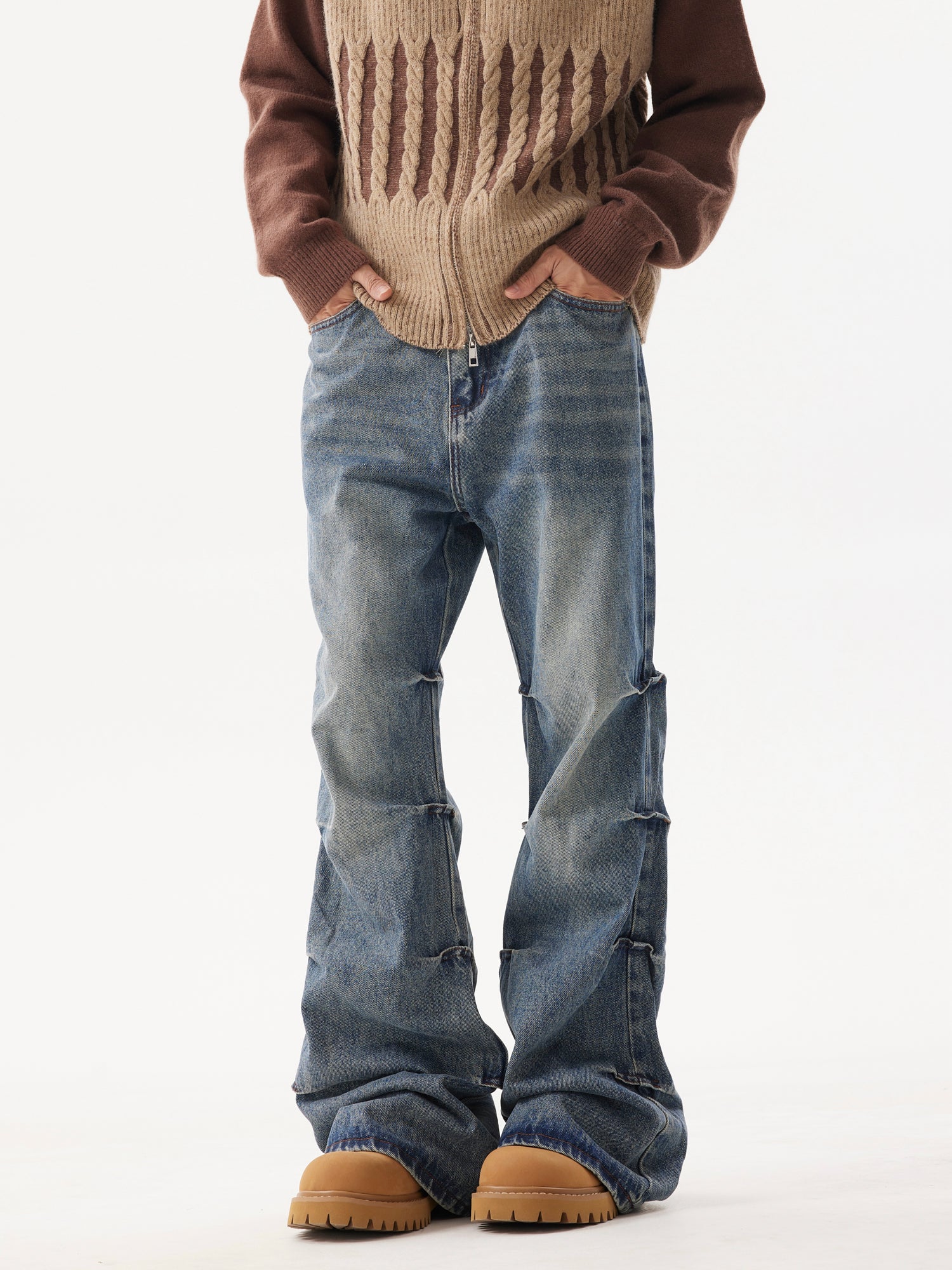 BTSG pleated wash blue bootcut jeans