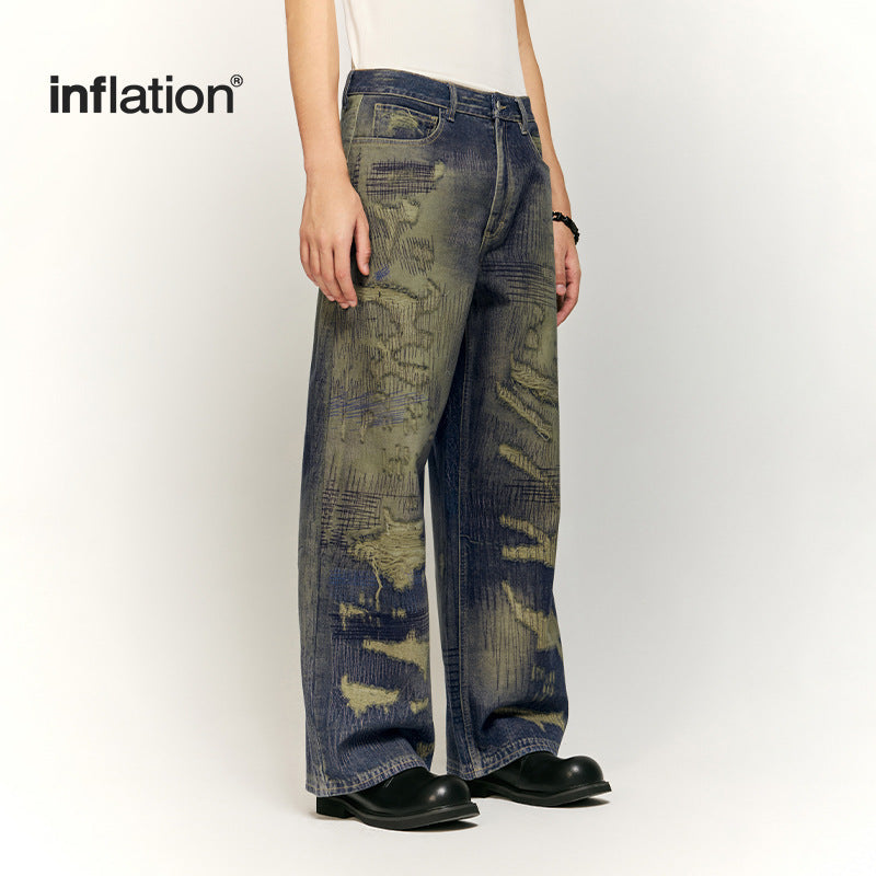 INFLTION washed digital print streetwear denim wide-leg jeans