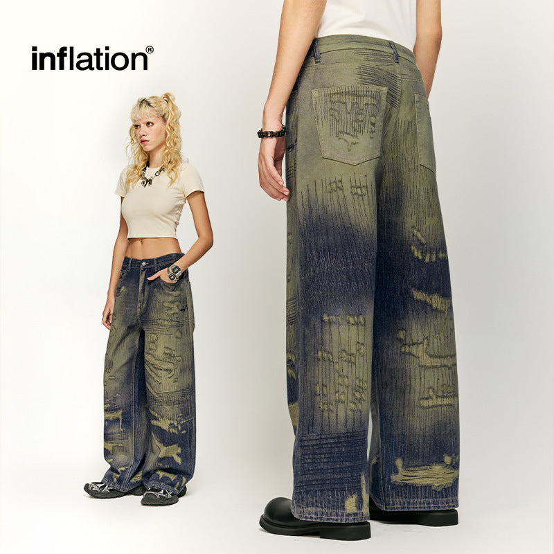 INFLTION washed digital print streetwear denim wide-leg jeans