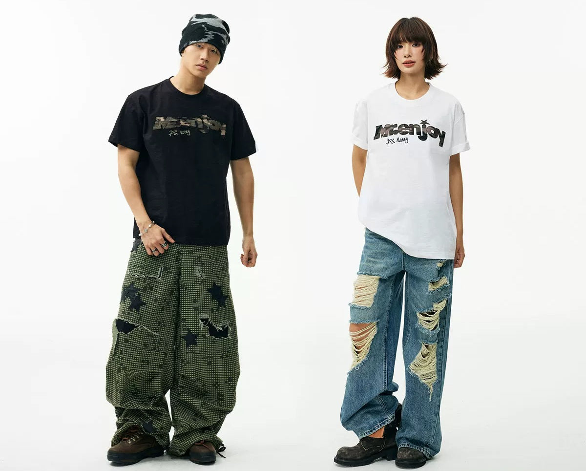 MEDM Cloth Embroidery Casual Round Neck Loose Tee
