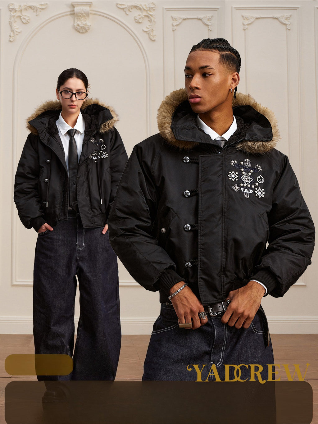 YADcrew gem fur bomber cotton-padded jacket