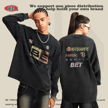 BE Thrived Youth Cotton Loose Racing Wash Long Sleeve Sweatshirt