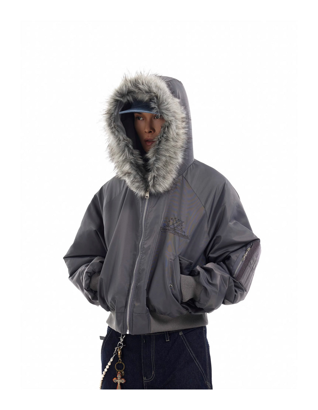 BTSG Deconstructed Cropped Fur mountain carved hooded jacket