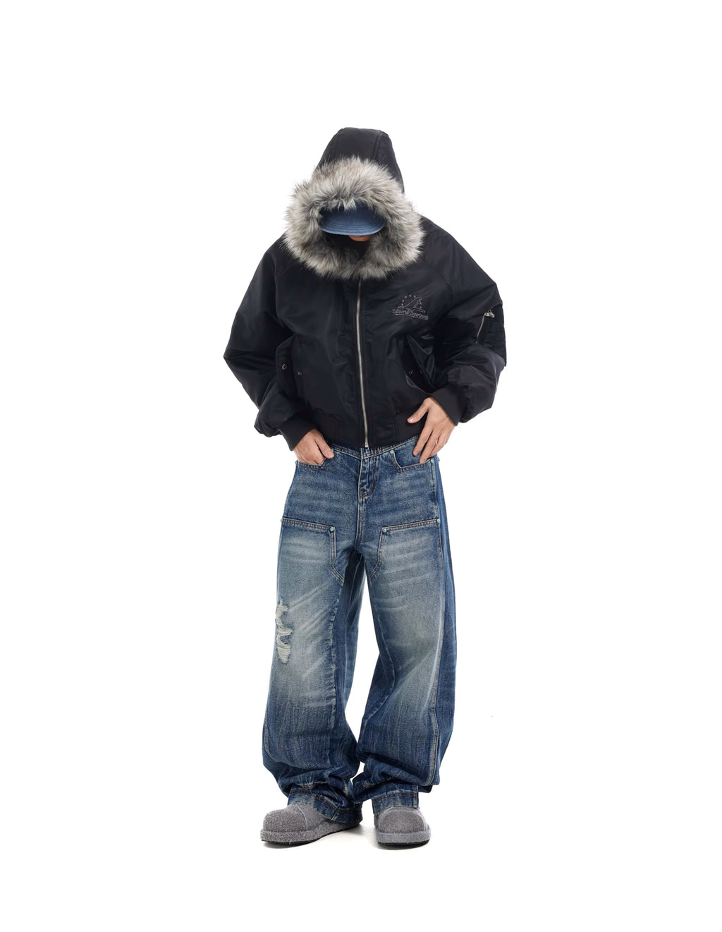 BTSG Deconstructed Cropped Fur mountain carved hooded jacket