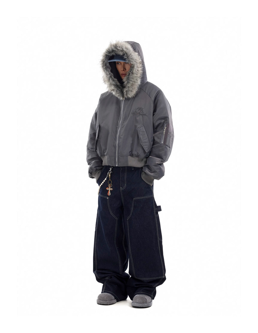 BTSG Deconstructed Cropped Fur mountain carved hooded jacket