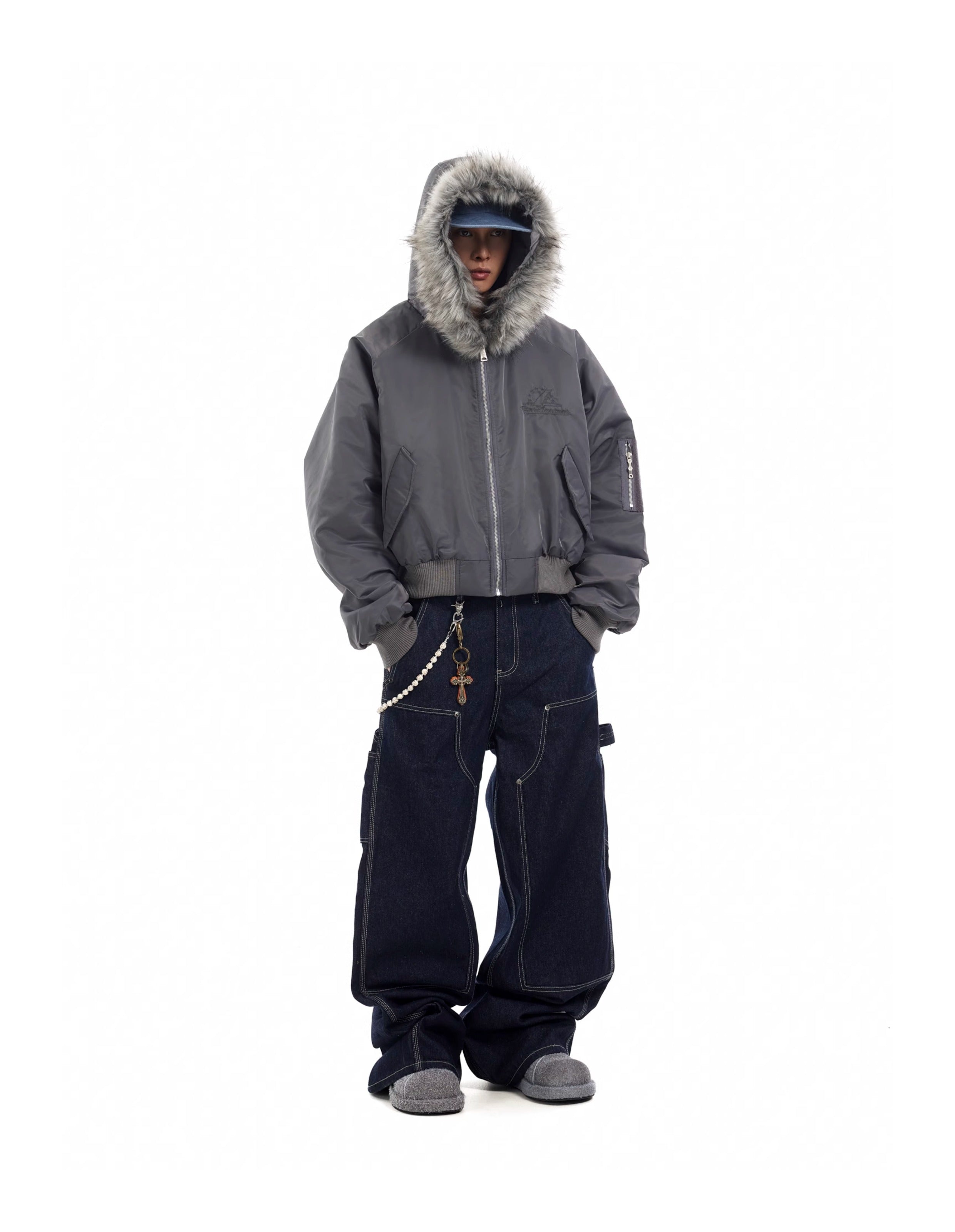 BTSG Deconstructed Cropped Fur mountain carved hooded jacket