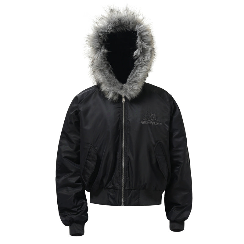 BTSG Deconstructed Cropped Fur mountain carved hooded jacket