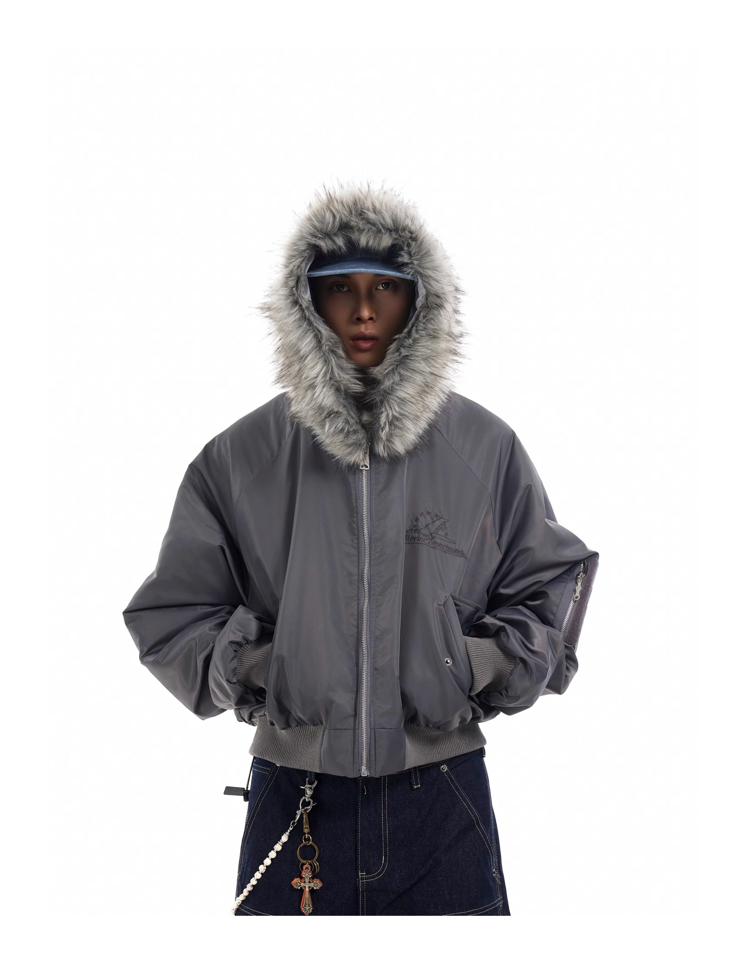 BTSG Deconstructed Cropped Fur mountain carved hooded jacket