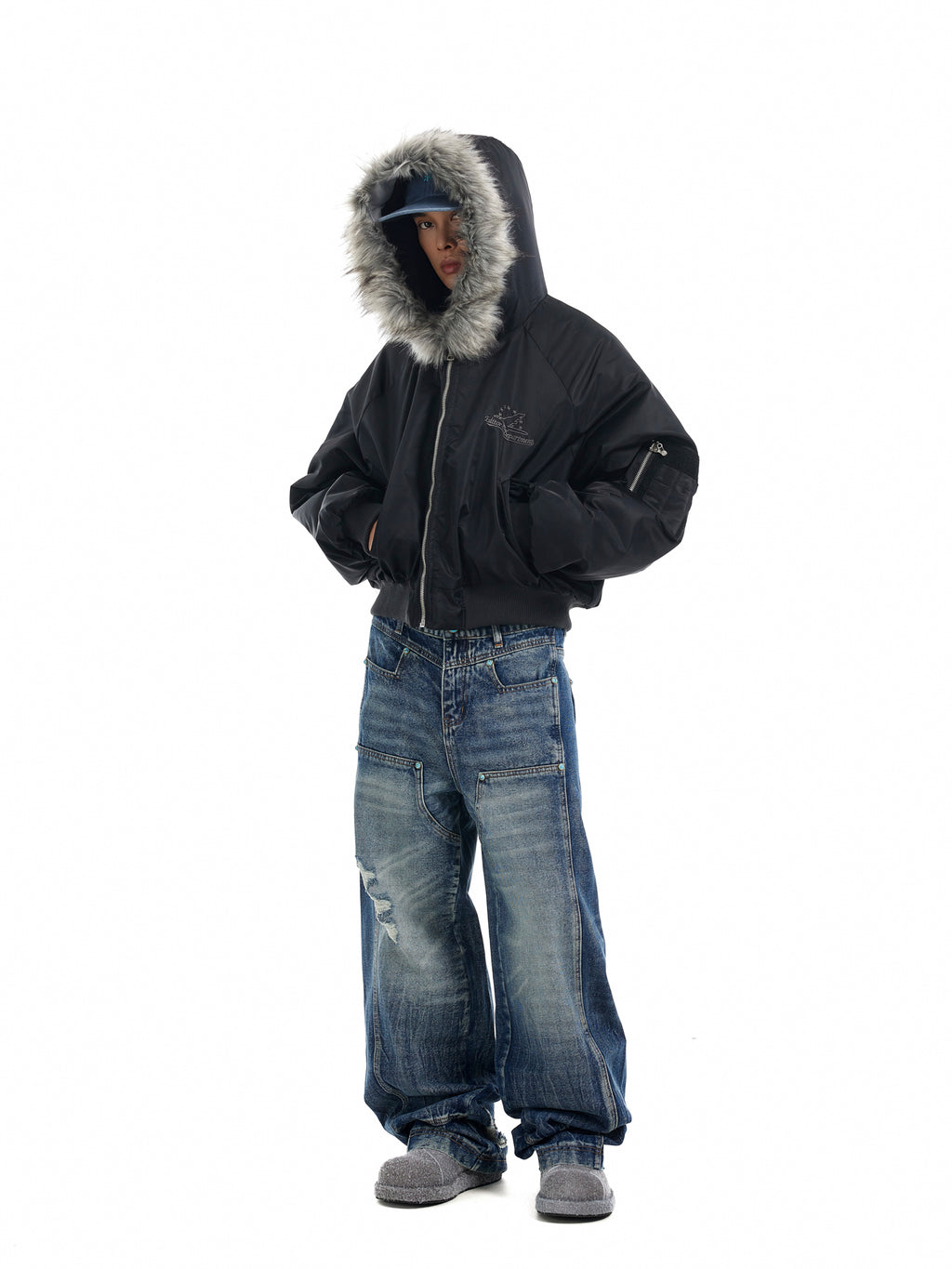 BTSG Deconstructed Cropped Fur mountain carved hooded jacket