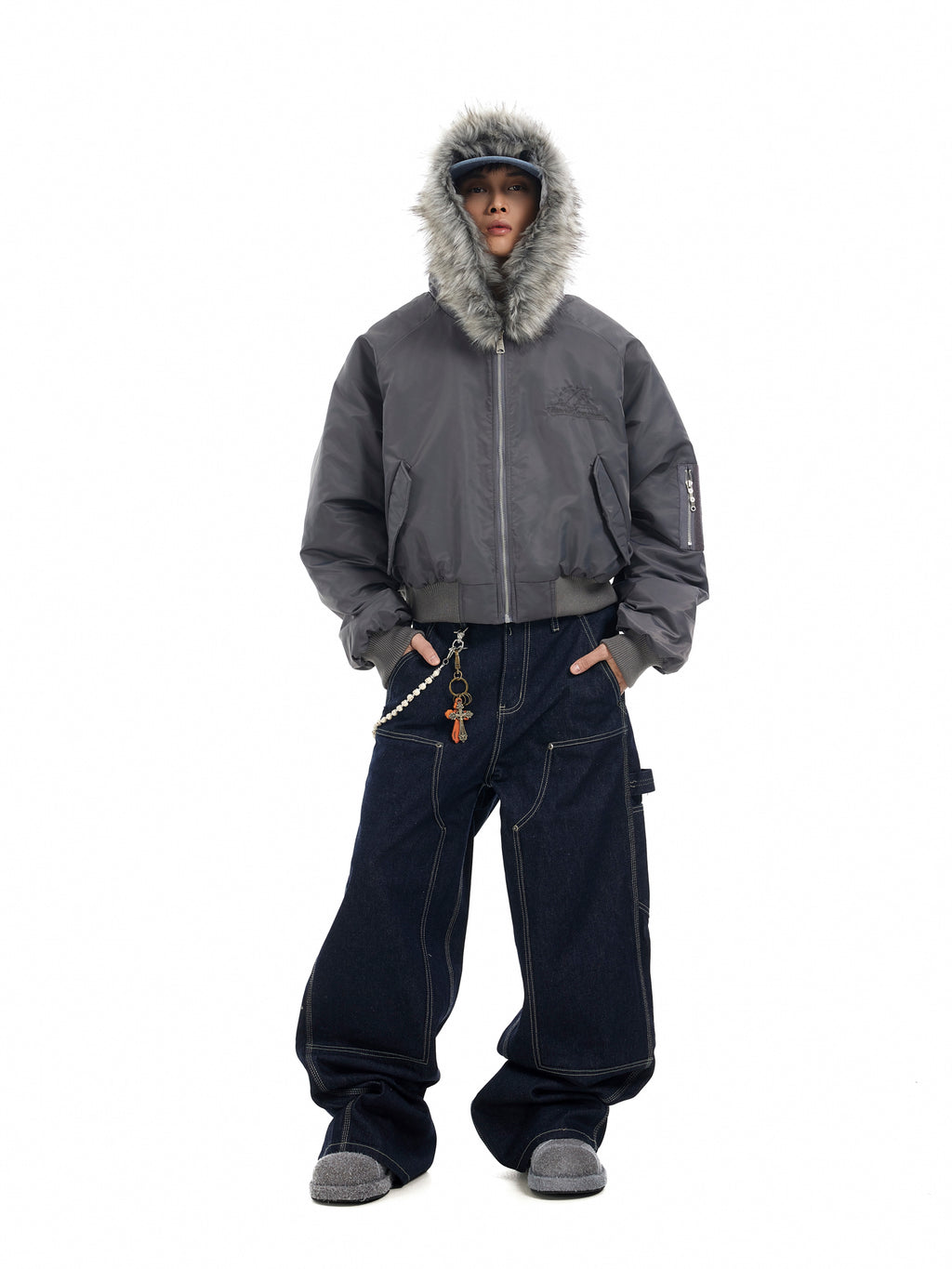 BTSG Deconstructed Cropped Fur mountain carved hooded jacket