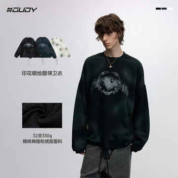 #OVDY Unisex Fleece Crew Neck Retro Spray Painted Hem Drawstring Sweatshirt