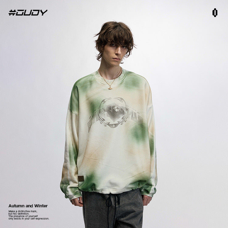 #OVDY Unisex Fleece Crew Neck Retro Spray Painted Hem Drawstring Sweatshirt