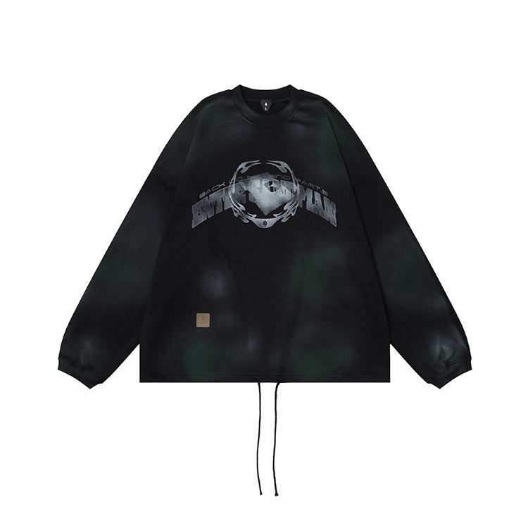 #OVDY Unisex Fleece Crew Neck Retro Spray Painted Hem Drawstring Sweatshirt