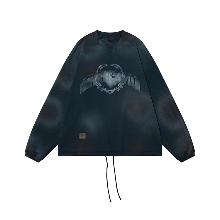 #OVDY Unisex Fleece Crew Neck Retro Spray Painted Hem Drawstring Sweatshirt