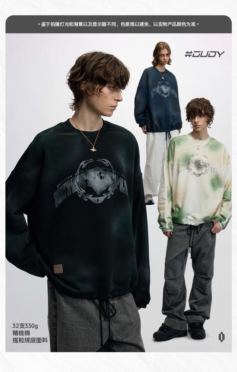 #OVDY Unisex Fleece Crew Neck Retro Spray Painted Hem Drawstring Sweatshirt