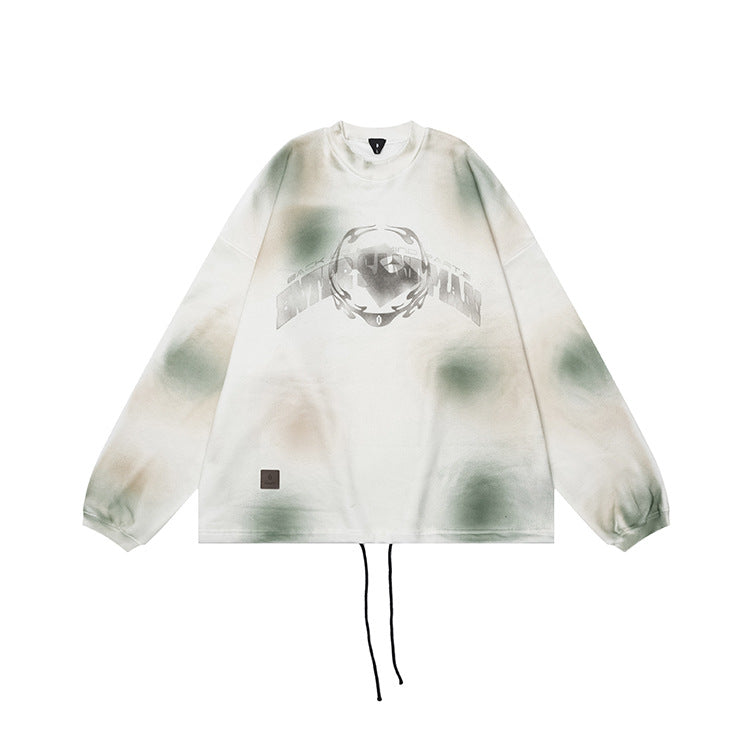 #OVDY Unisex Fleece Crew Neck Retro Spray Painted Hem Drawstring Sweatshirt