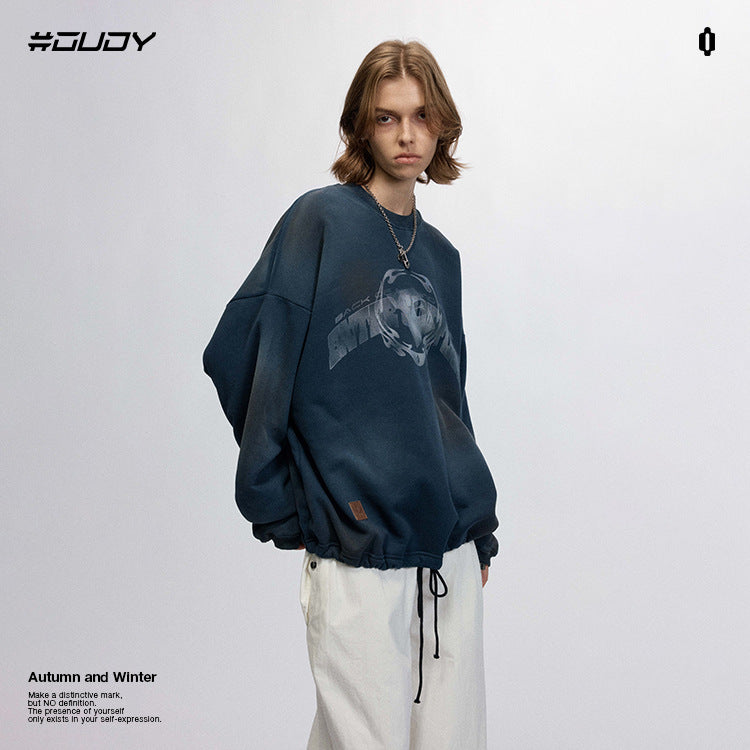 #OVDY Unisex Fleece Crew Neck Retro Spray Painted Hem Drawstring Sweatshirt
