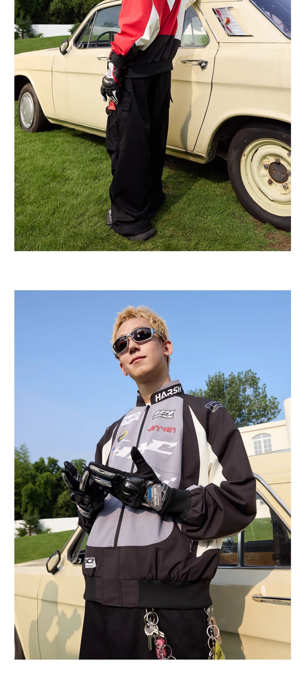 Harshandcruel Sporty structure contrast structure stitching Leather racing Jacket