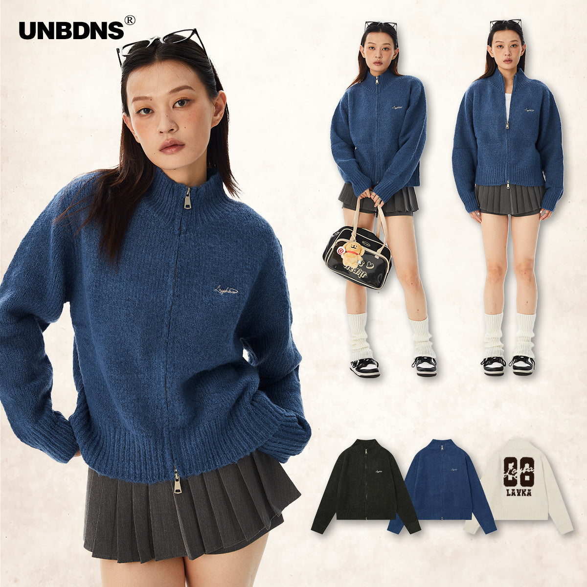 UNBDNS Zipper Stand Collar Long Sleeve Sweater Knit Sweater