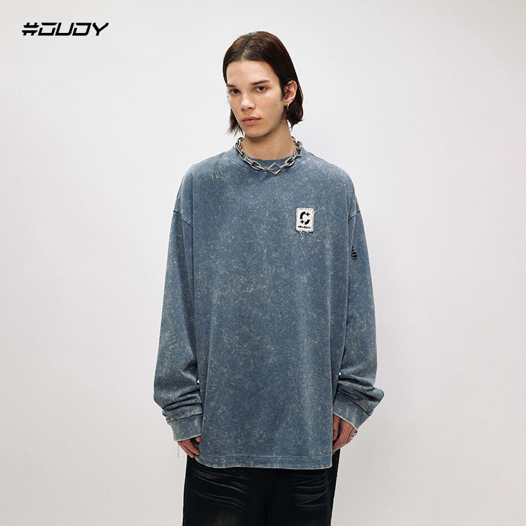 #OVDY Vintage Wash Distressed Ripped Embroidery Long Sleeve Sweatshirt