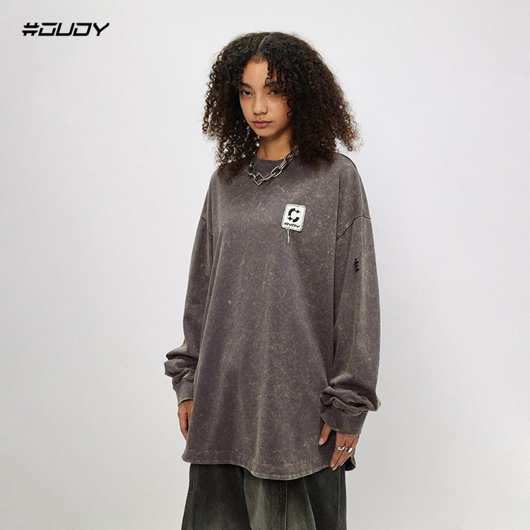 #OVDY Vintage Wash Distressed Ripped Embroidery Long Sleeve Sweatshirt