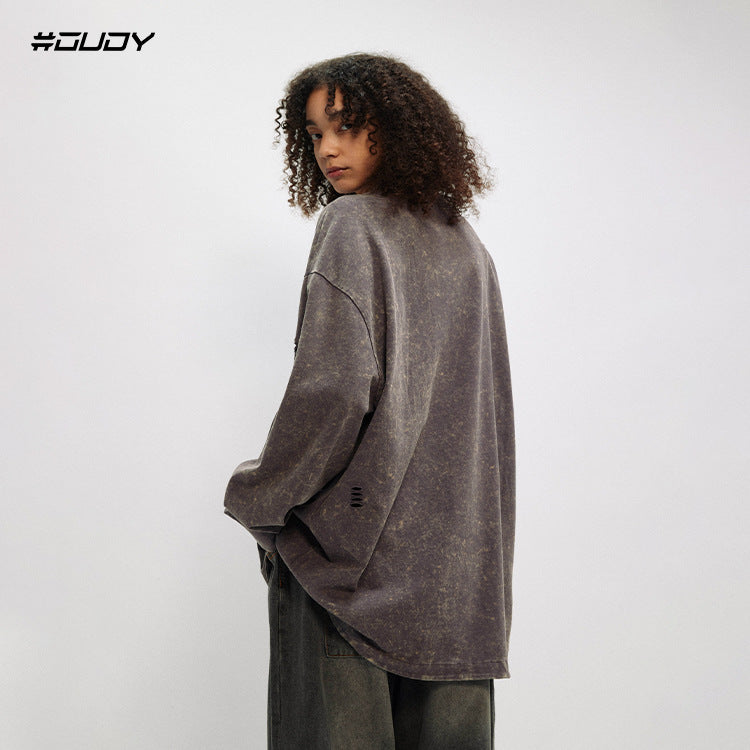 #OVDY Vintage Wash Distressed Ripped Embroidery Long Sleeve Sweatshirt
