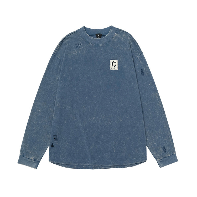 #OVDY Vintage Wash Distressed Ripped Embroidery Long Sleeve Sweatshirt