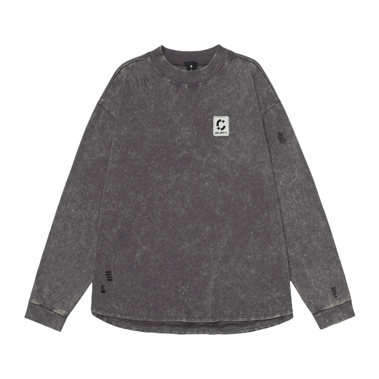 #OVDY Vintage Wash Distressed Ripped Embroidery Long Sleeve Sweatshirt