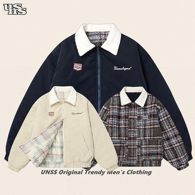 Unisex reversible woolen cotton lambswool loose padded jacket