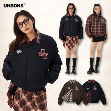 UNBDNS Lapel College Style Plaid Reversible Cotton Jacket