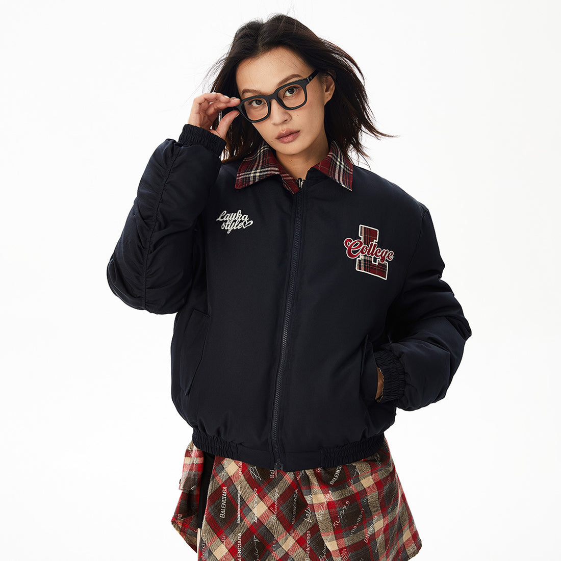 UNBDNS Lapel College Style Plaid Reversible Cotton Jacket