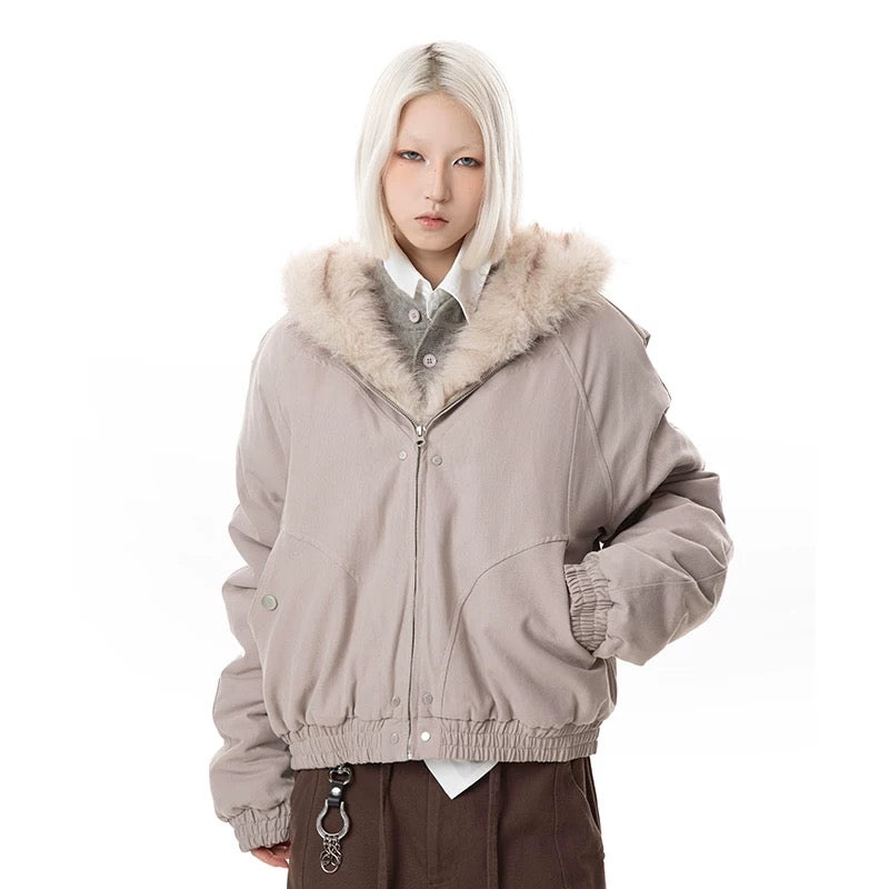MADEXTREME Mt. Carved Fur Collar Hooded Short Zipper Cotton Jacket