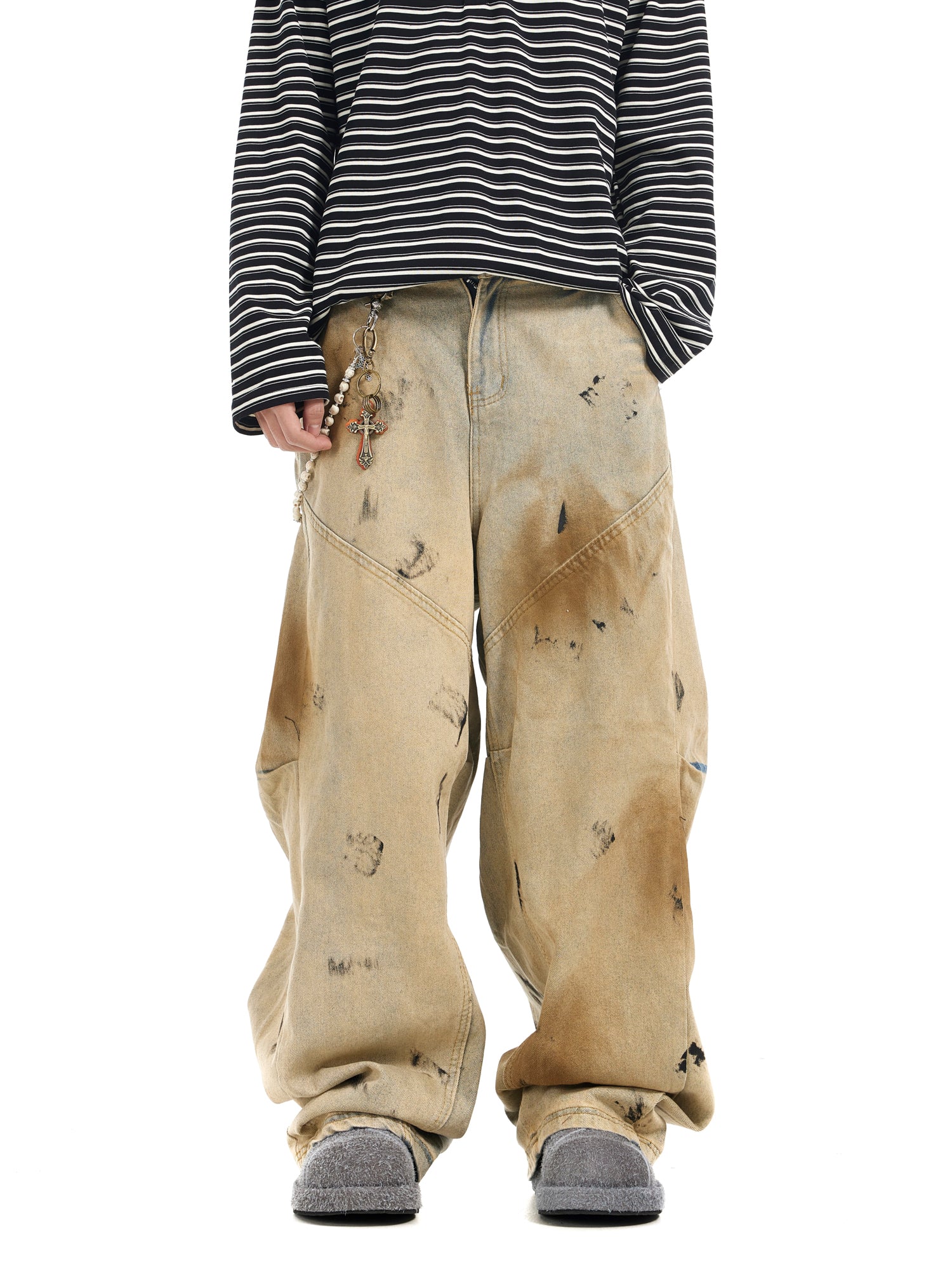 BTSG Dirtyfit Wasteland Dirty Dye Distressed Wash Dye Loose Wide Leg Scimitar Jeans