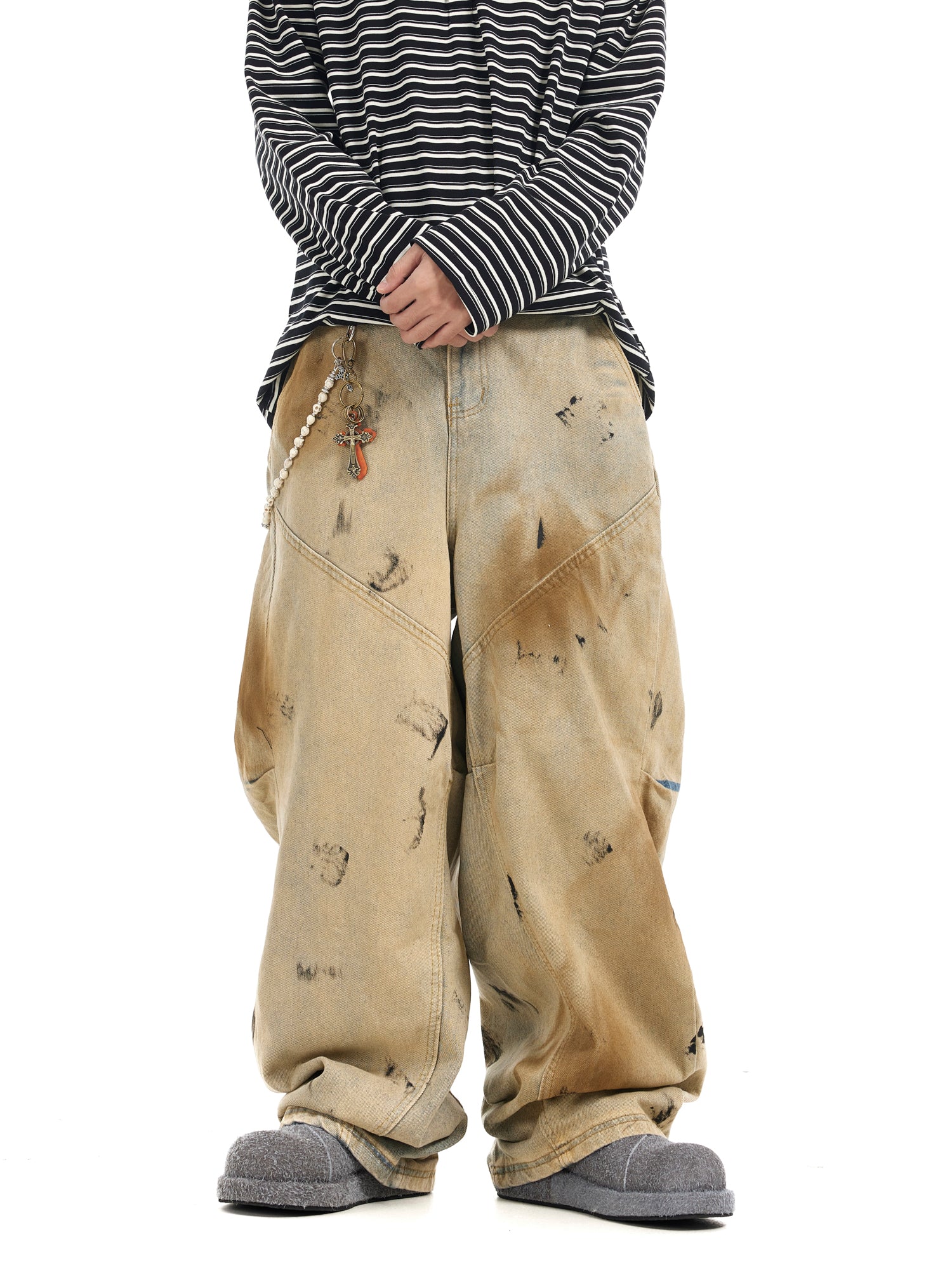 BTSG Dirtyfit Wasteland Dirty Dye Distressed Wash Dye Loose Wide Leg Scimitar Jeans