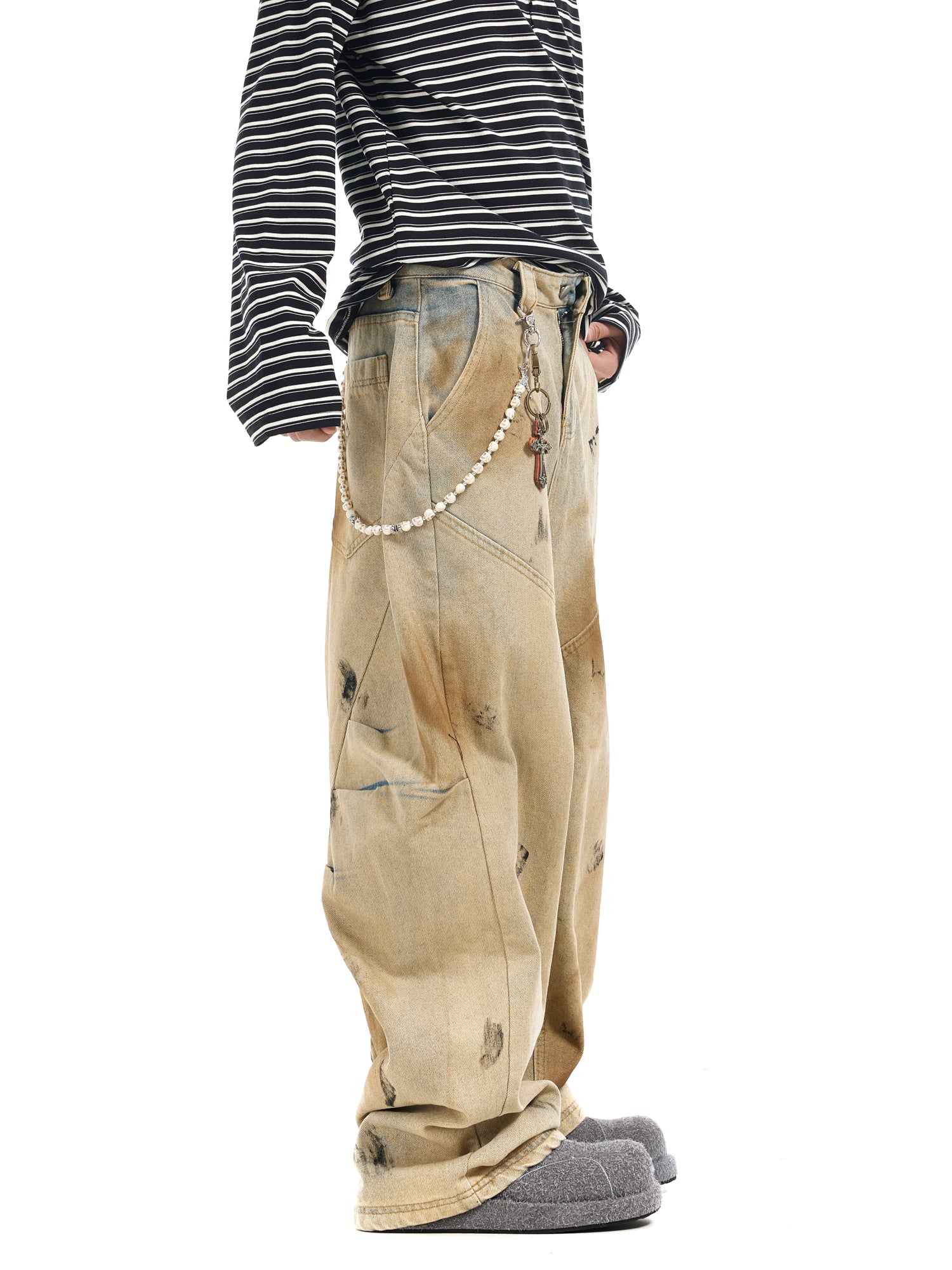 BTSG Dirtyfit Wasteland Dirty Dye Distressed Wash Dye Loose Wide Leg Scimitar Jeans