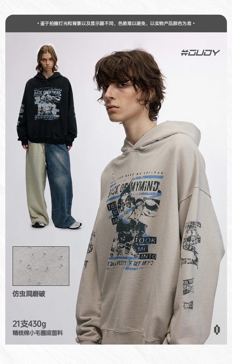 #OVDY 430g Vintage Distressed Wash Side Pocket Dropped Shoulder Hoodie