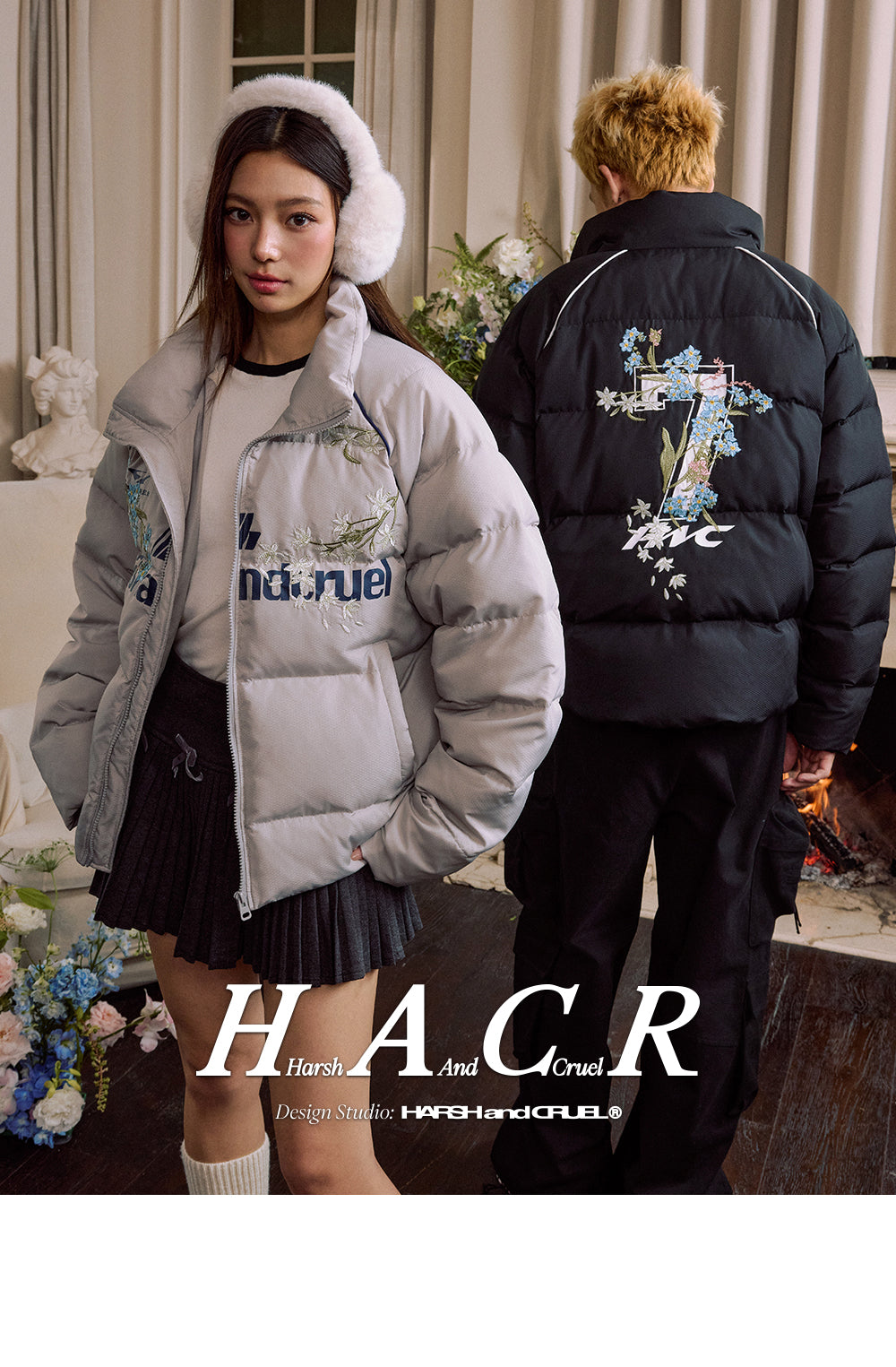 Harshandcruel 7 Chinese Split Floral Embroidery Stand Collar Graphene Thermal Puffer Jacket