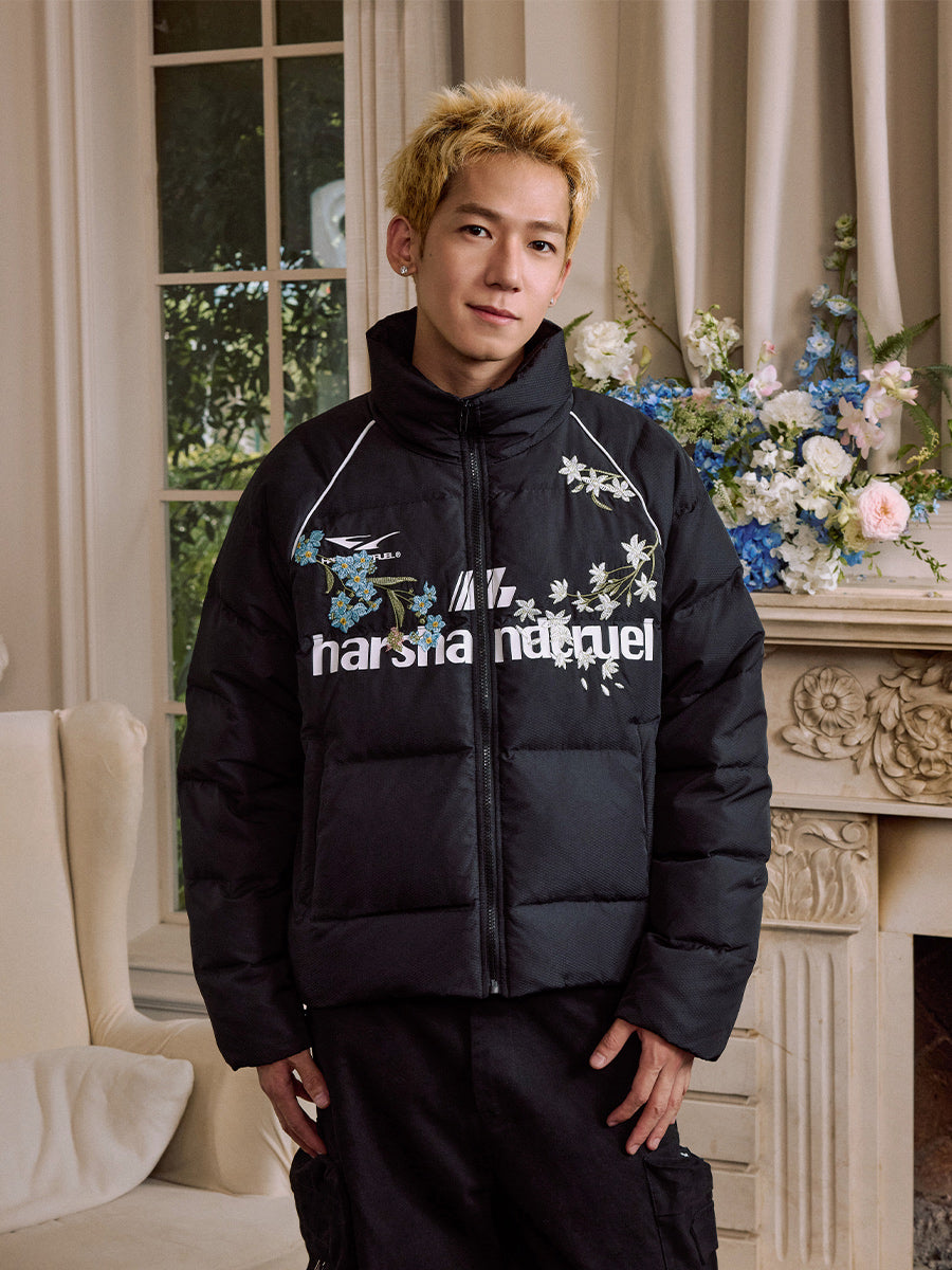 Harshandcruel 7 Chinese Split Floral Embroidery Stand Collar Graphene Thermal Puffer Jacket