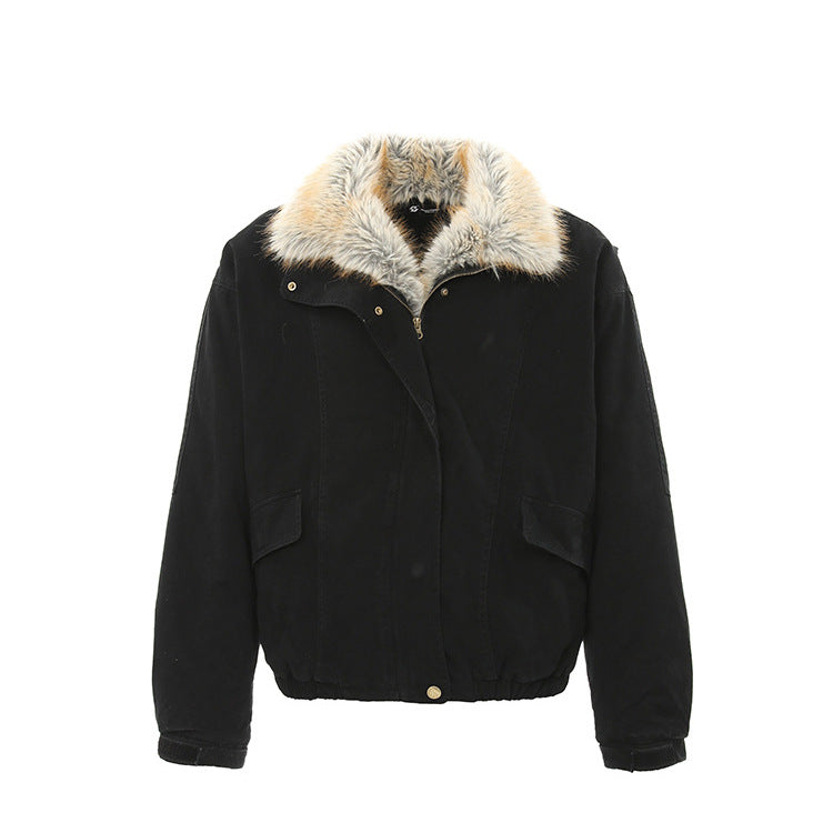 CY American retro fur collar jacket hooded workwear style cotton jacke