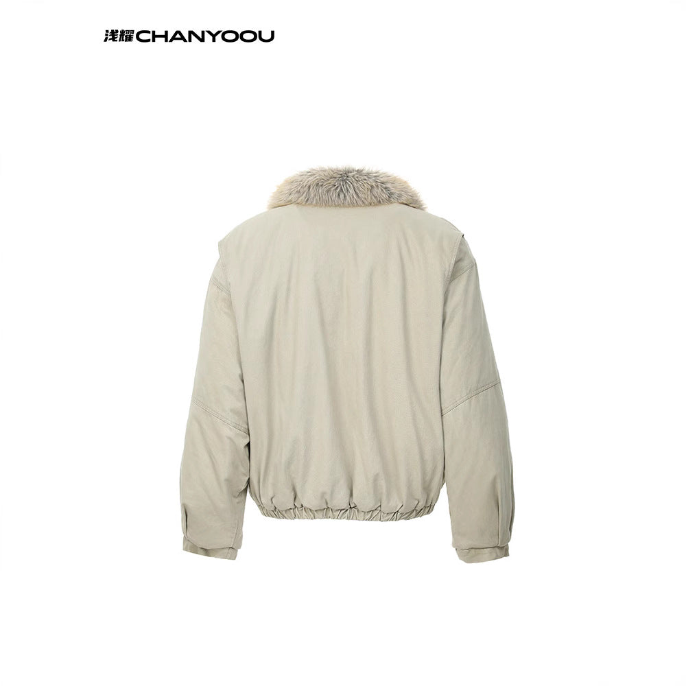CY American retro fur collar jacket hooded workwear style cotton jacke