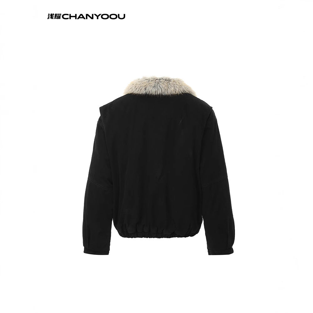 CY American retro fur collar jacket hooded workwear style cotton jacke