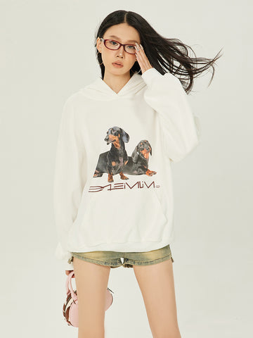 Axis Mundi American Vintage Dog Print High Street Hooded Pullover Sweatshirt Loose Casual Top