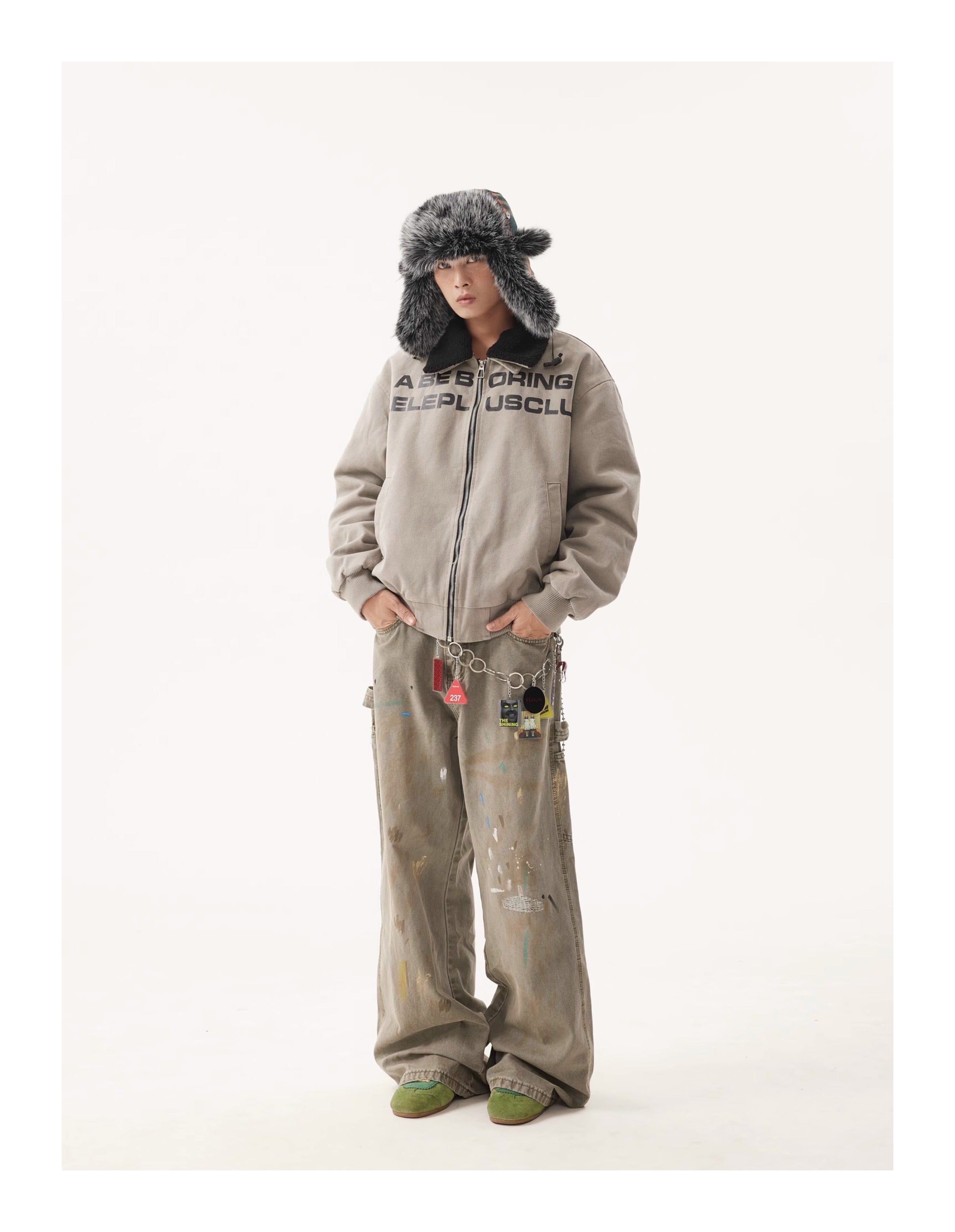 BTSG Retro Wash Slogan Lamb's Fleece Inner Fur Collar Jacket