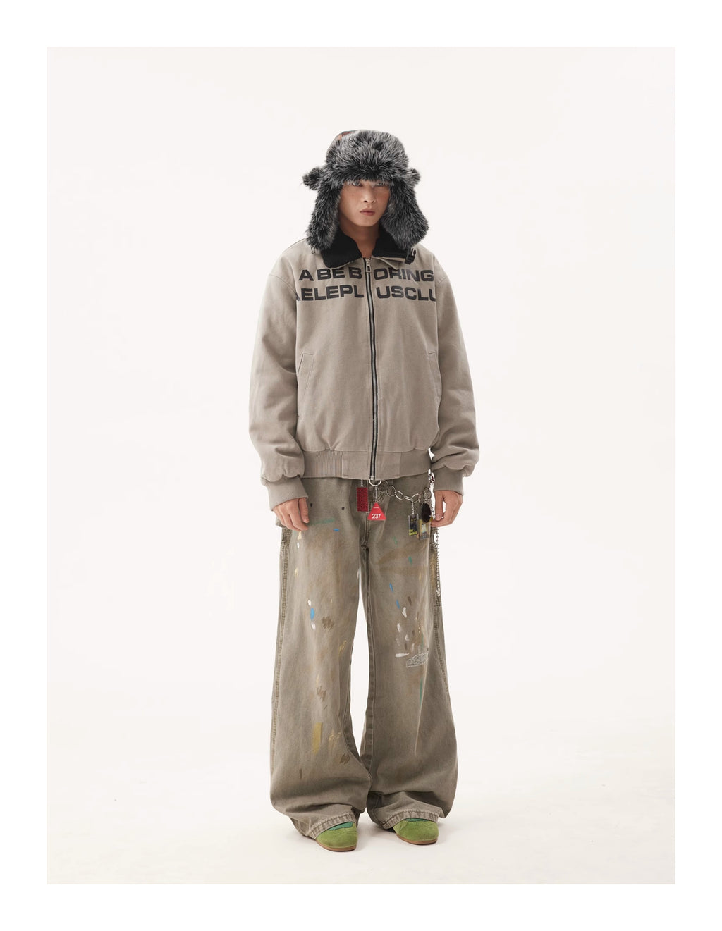 BTSG Retro Wash Slogan Lamb's Fleece Inner Fur Collar Jacket