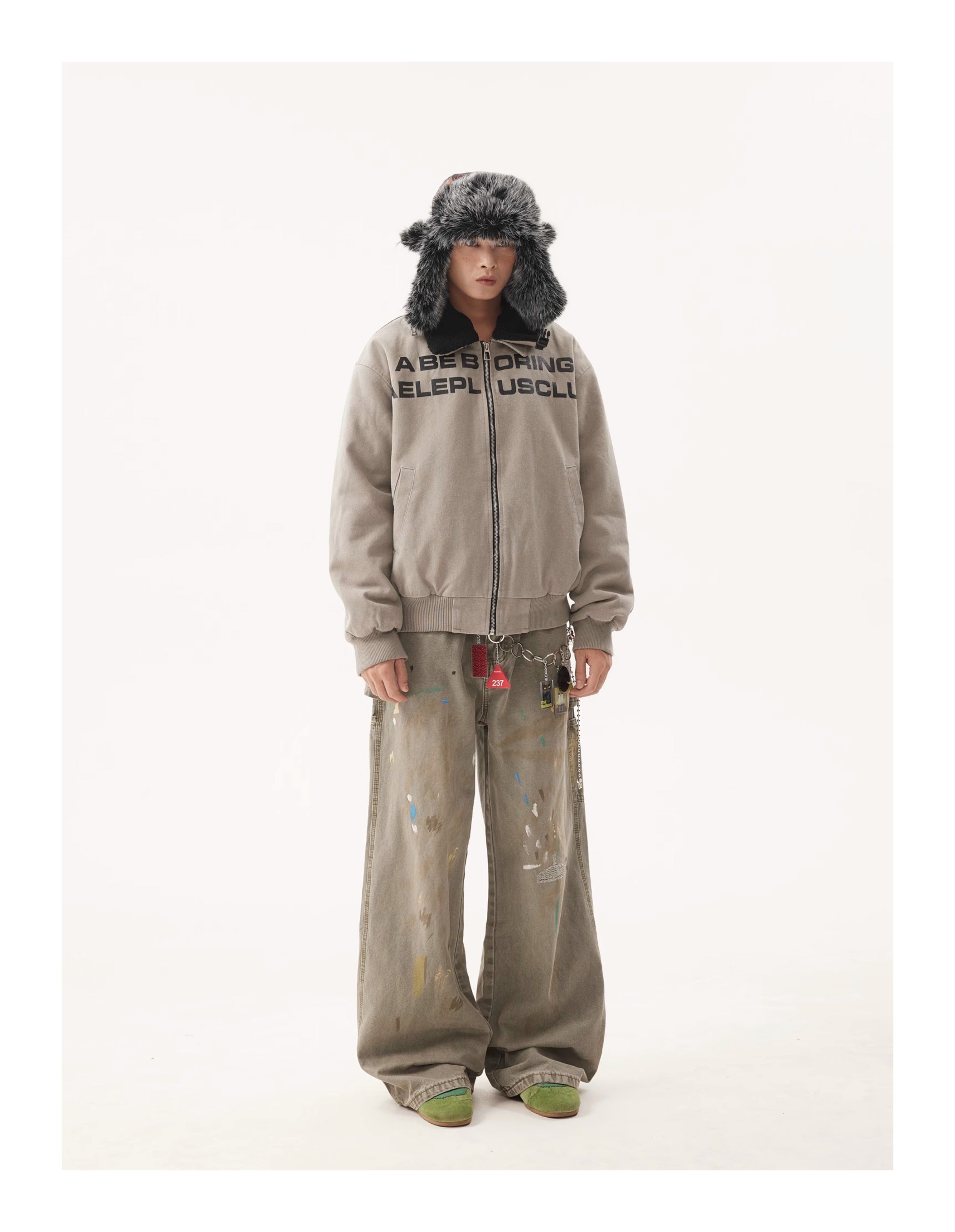 BTSG Retro Wash Slogan Lamb's Fleece Inner Fur Collar Jacket